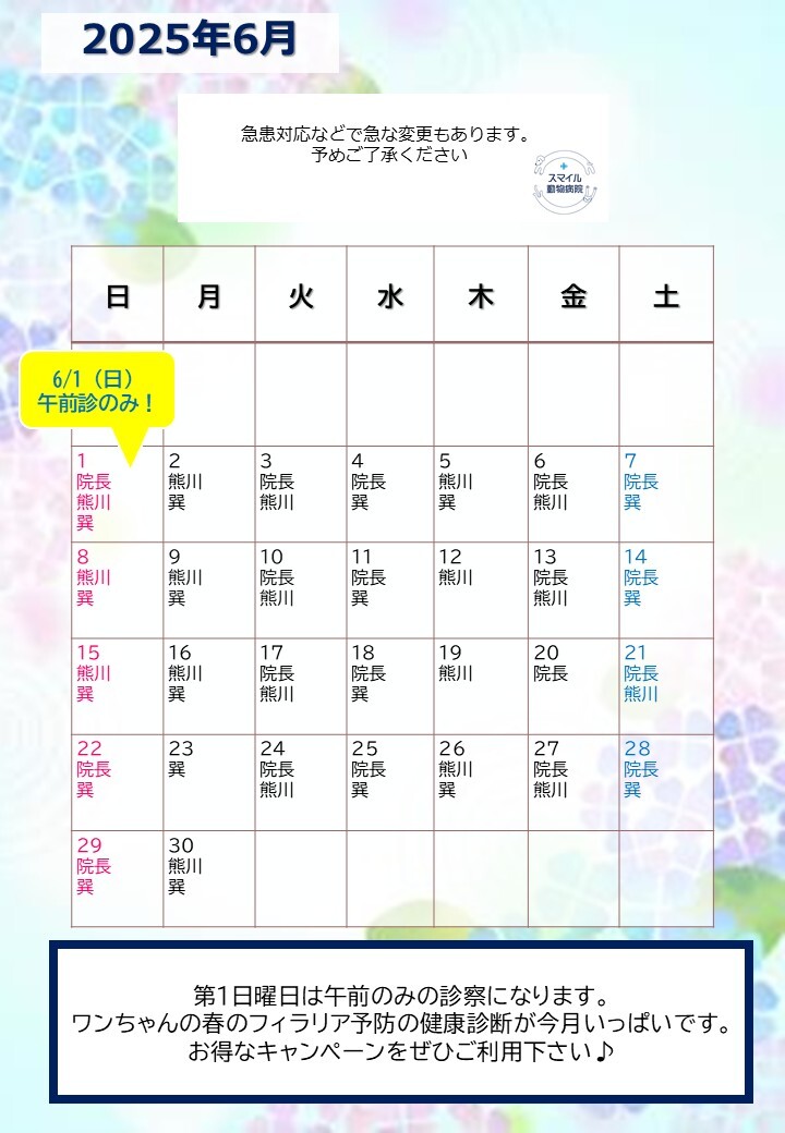 獣医師出勤表　2025年6月